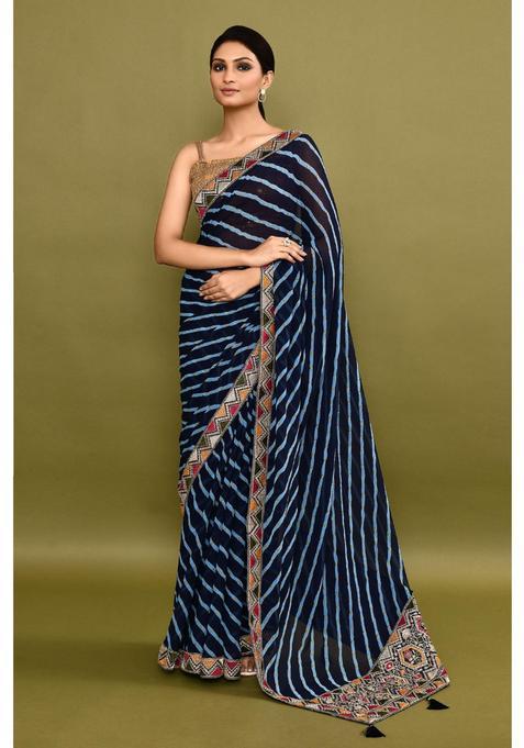 Blue Embroidered Georgette Saree Set