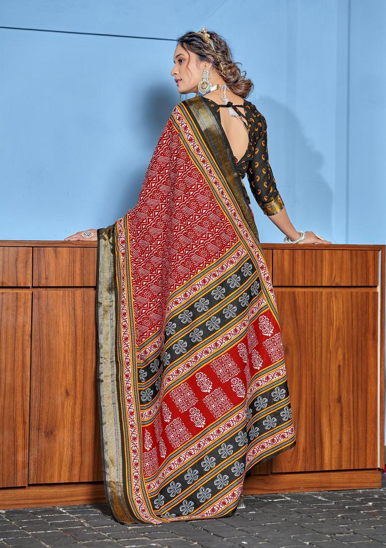 Red Geometric Print Cotton Saree Set - Indya