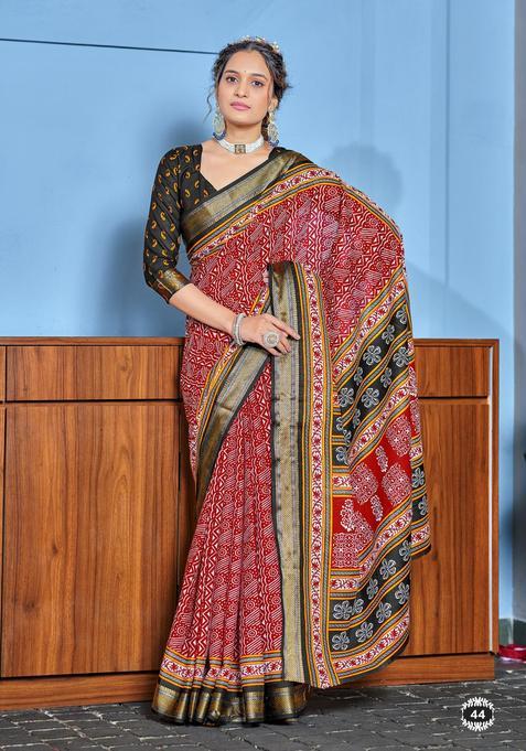 Red Geometric Print Cotton Saree Set