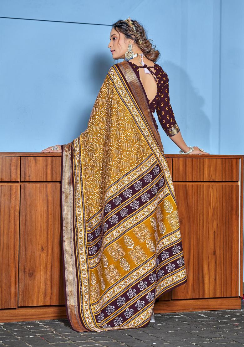 Yellow Geometric Print Cotton Saree Set - Indya
