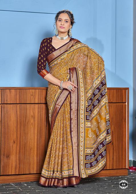 Yellow Geometric Print Cotton Saree Set