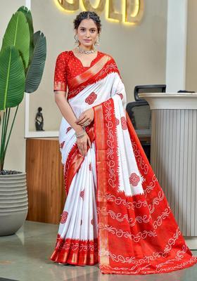 Red Printed Cotton Saree Set