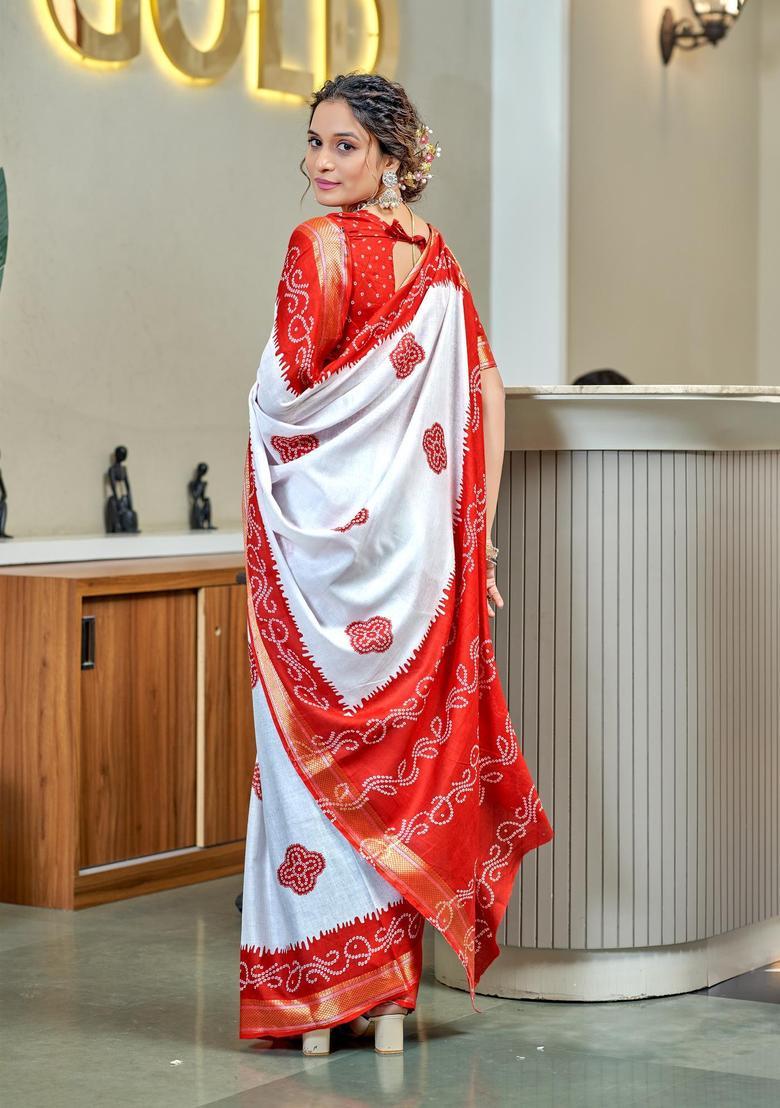 Red Printed Cotton Saree Set - Indya