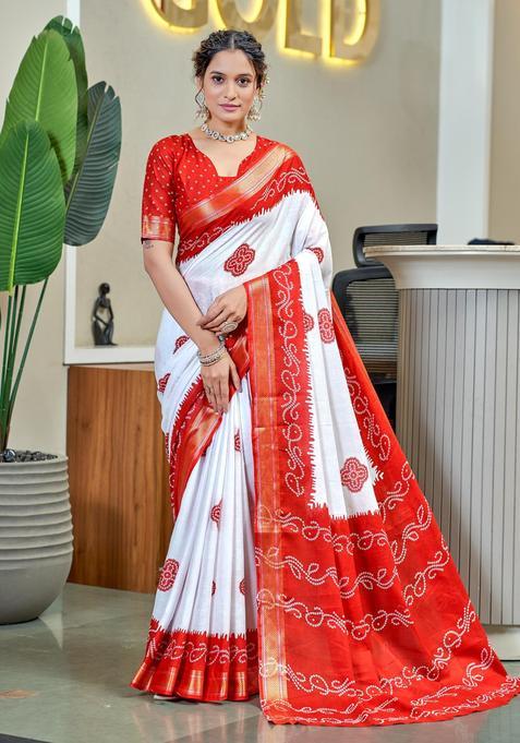Red Printed Cotton Saree Set