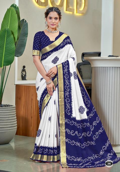 Blue Printed Cotton Saree Set