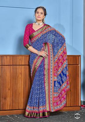 Blue Geometric Print Cotton Saree Set