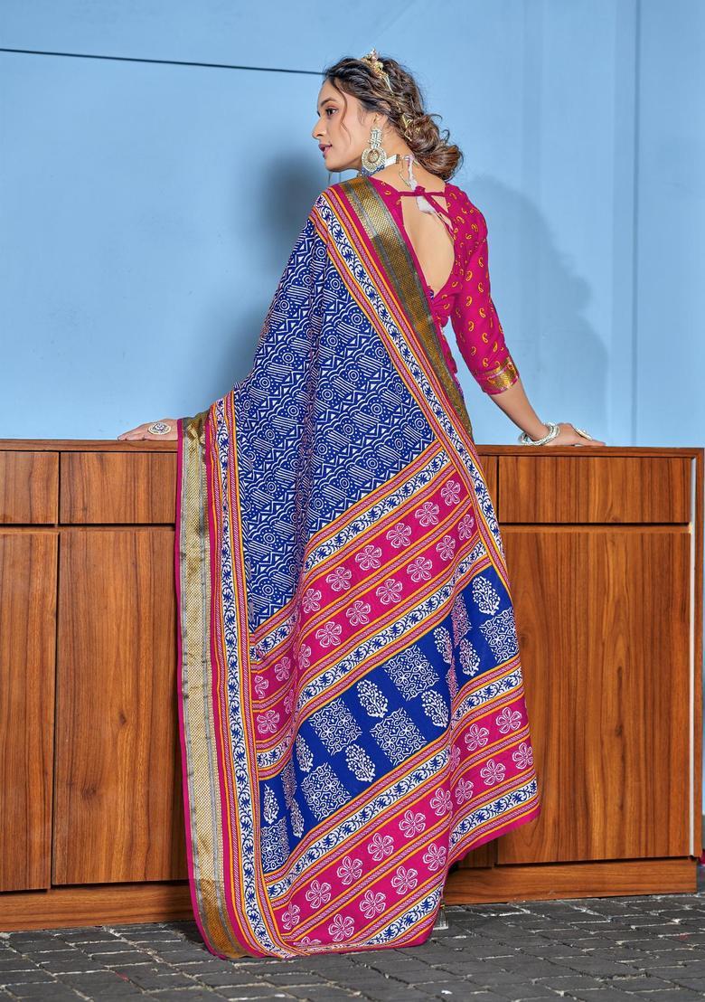 Blue Geometric Print Cotton Saree Set - Indya