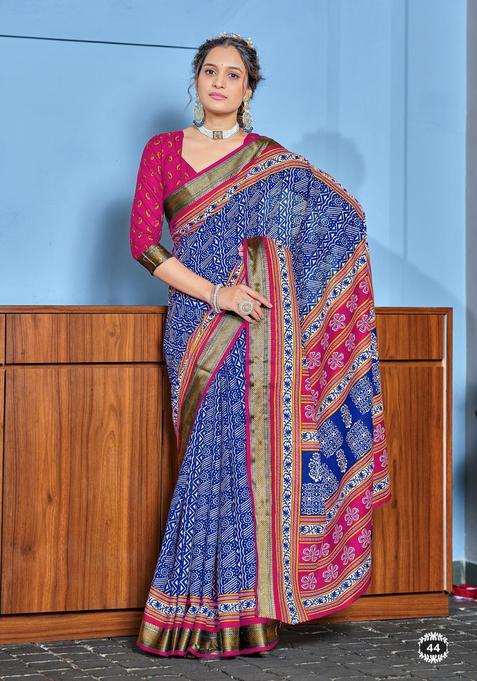 Blue Geometric Print Cotton Saree Set