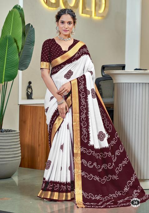 Brown Printed Cotton Saree Set