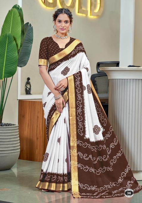 Brown Printed Cotton Saree Set