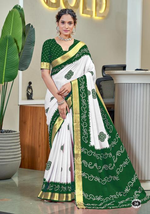 Green Printed Cotton Saree Set