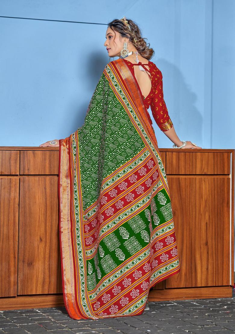 Green Geometric Print Cotton Saree Set - Indya