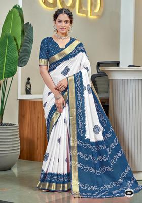 Teal Printed Cotton Saree Set