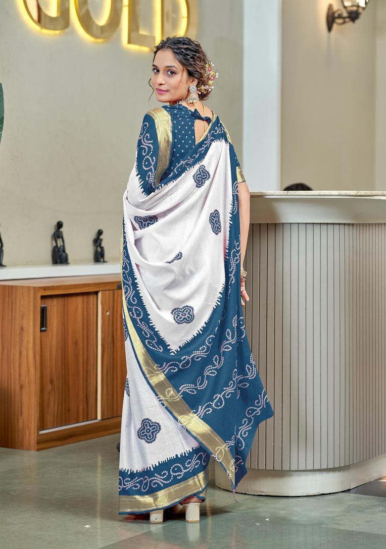 Teal Printed Cotton Saree Set - Indya