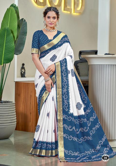 Teal Printed Cotton Saree Set
