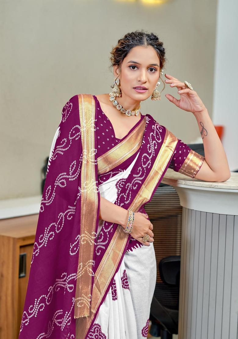 Purple Printed Cotton Saree Set - Indya