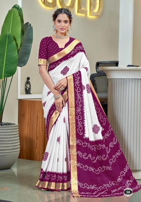 Purple Printed Cotton Saree Set