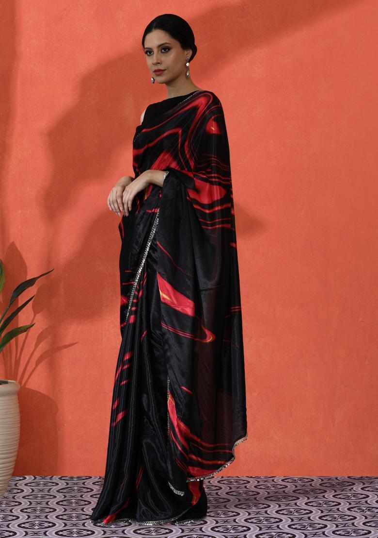 Black Printed Chinon Saree Set - Indya