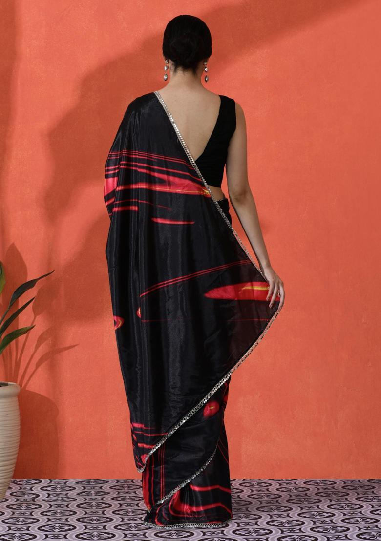 Black Printed Chinon Saree Set - Indya