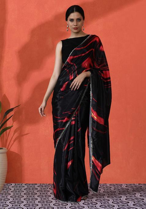 Black Printed Chinon Saree Set