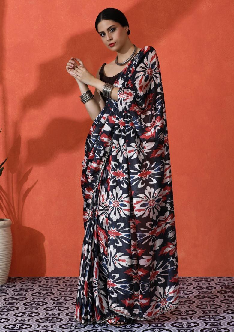 Multicolor Floral Print Chinon Saree Set - Indya