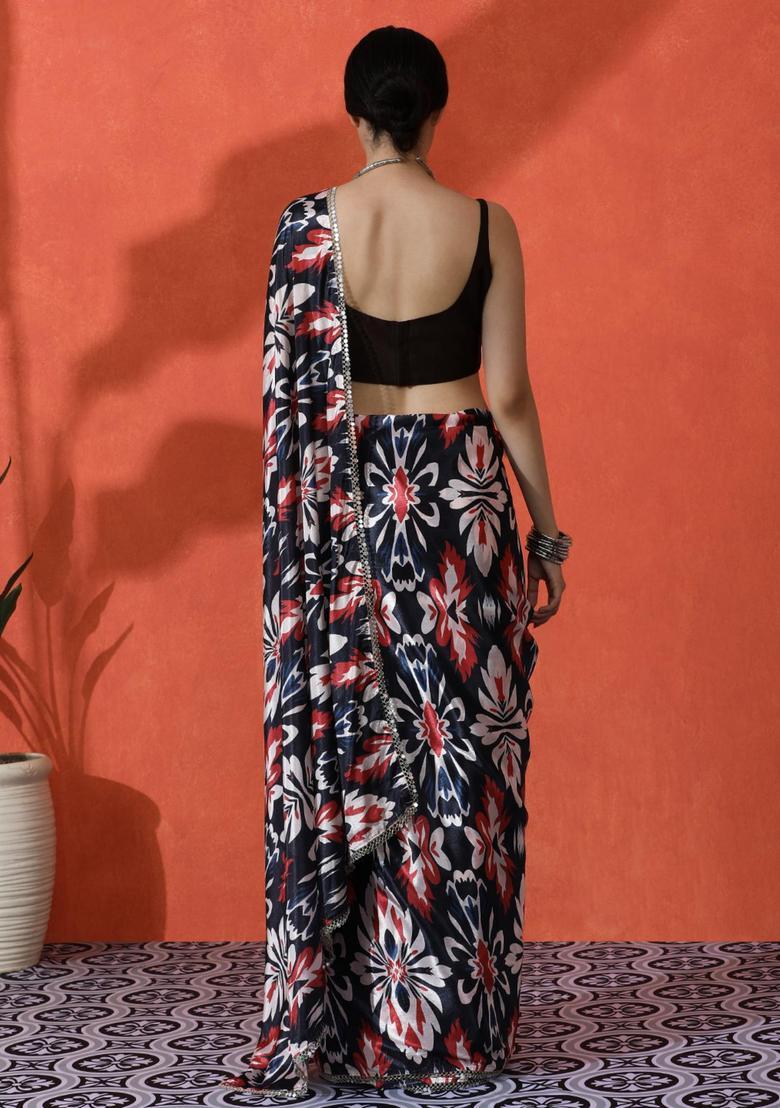 Multicolor Floral Print Chinon Saree Set - Indya
