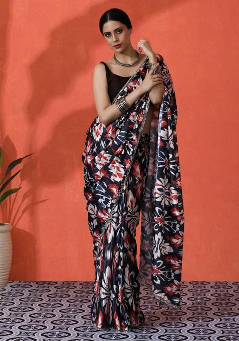 Multicolor Floral Print Chinon Saree Set