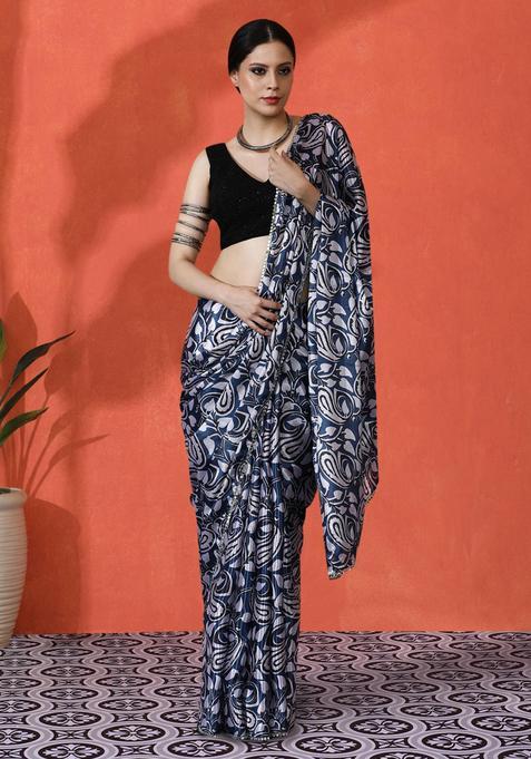 Blue Paisley Chinon Saree Set