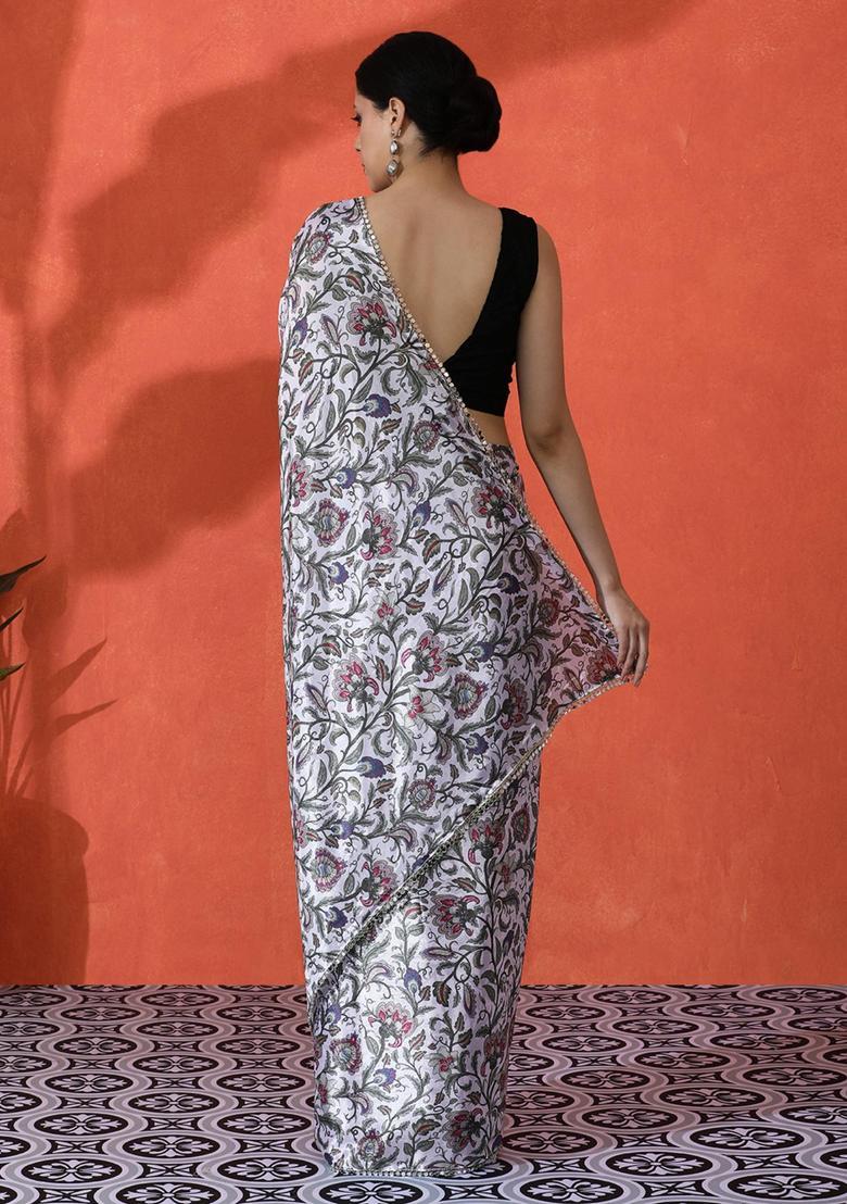 Multicolor Floral Print Chinon Saree Set - Indya
