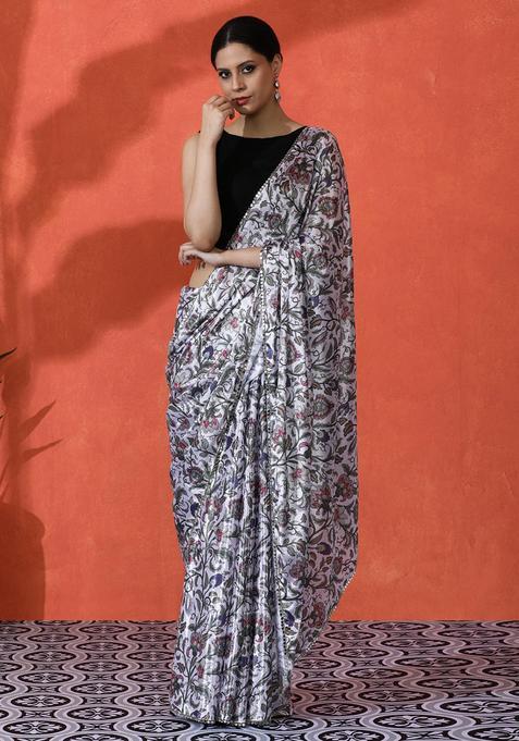 Multicolor Floral Print Chinon Saree Set