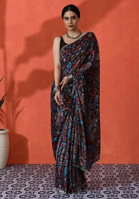 Black Geometric Print Chinon Saree Set