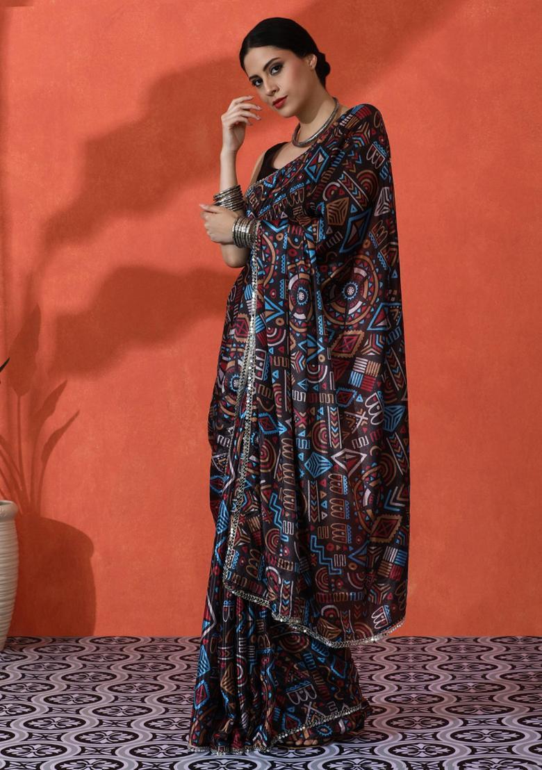 Black Geometric Print Chinon Saree Set - Indya