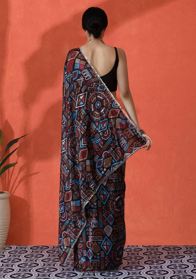 Black Geometric Print Chinon Saree Set - Indya