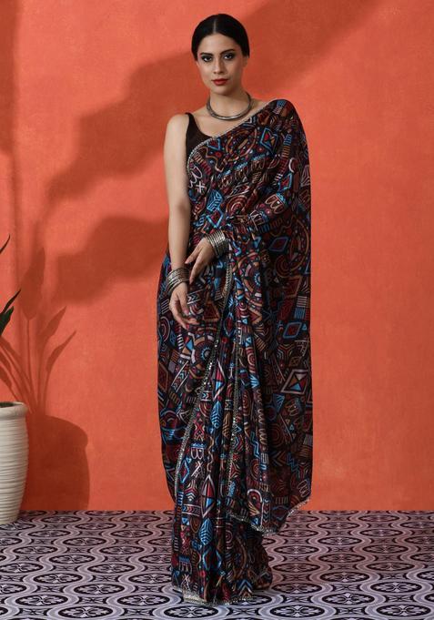 Black Geometric Print Chinon Saree Set