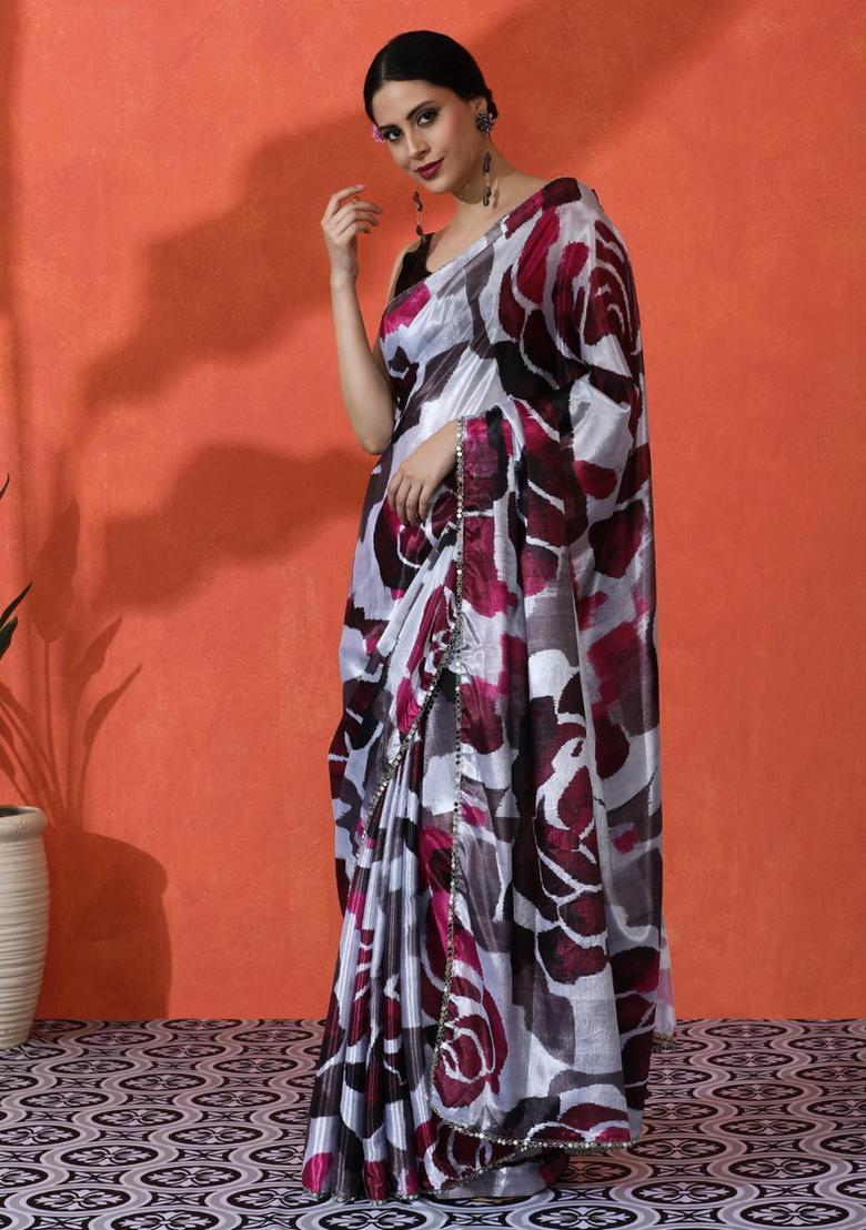 Multicolor Floral Print Chinon Saree Set - Indya