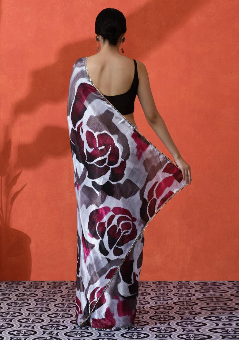 Multicolor Floral Print Chinon Saree Set - Indya