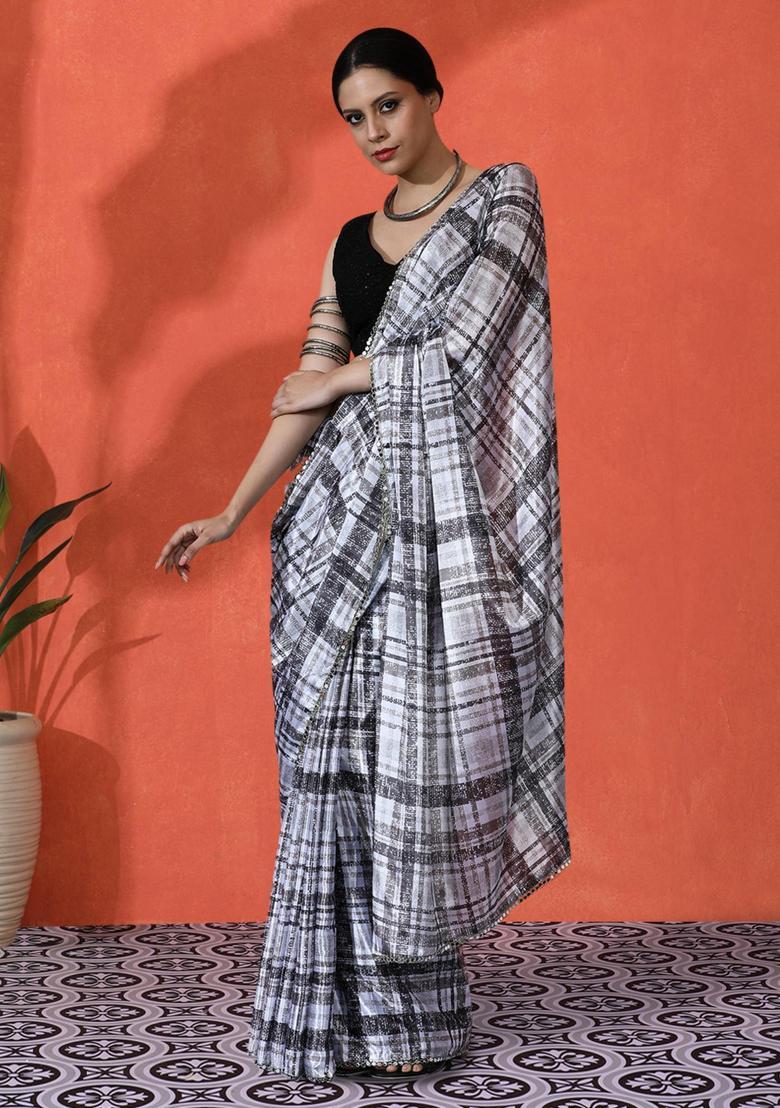 White Checked Chinon Saree Set - Indya