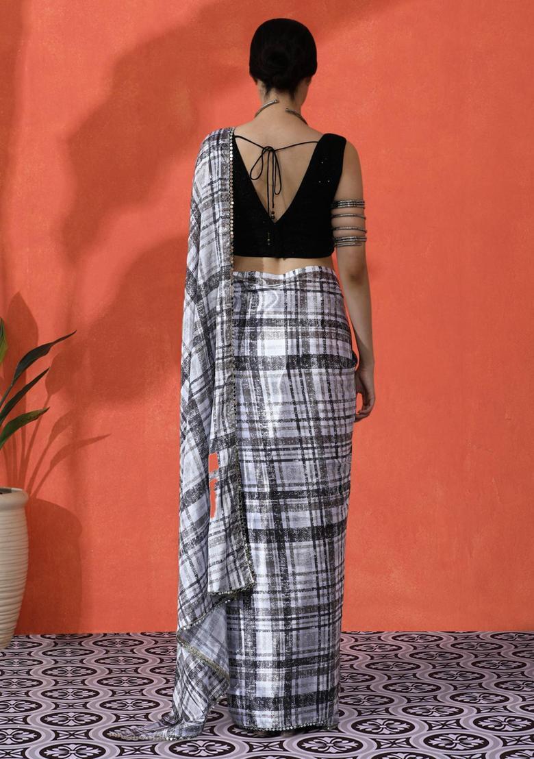 White Checked Chinon Saree Set - Indya