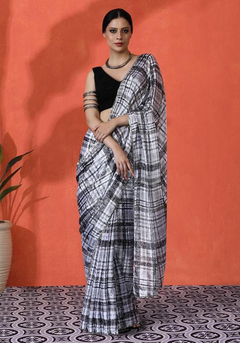 White Checked Chinon Saree Set