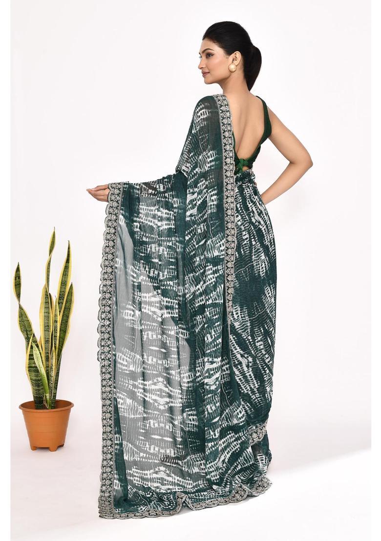 Green Embroidered Georgette Saree Set - Indya