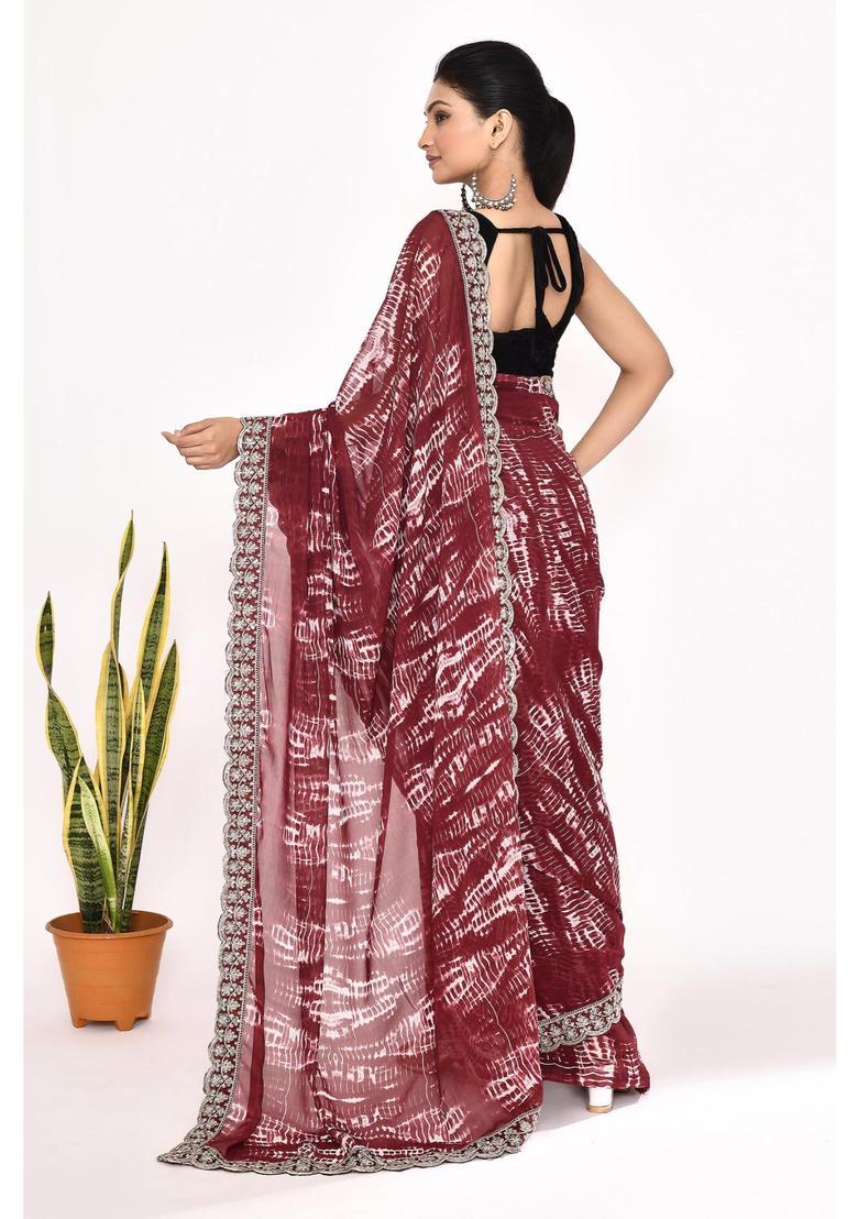 Maroon Embroidered Georgette Saree Set - Indya