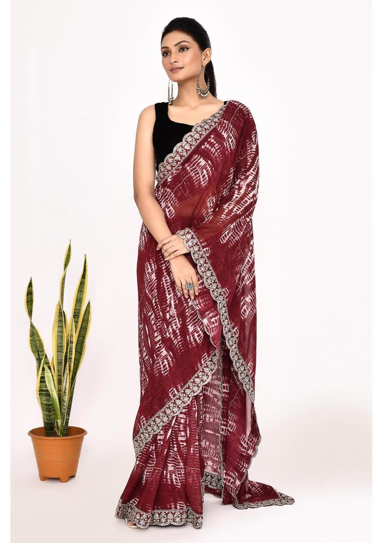 Maroon Embroidered Georgette Saree Set - Indya