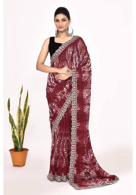 Maroon Embroidered Georgette Saree Set