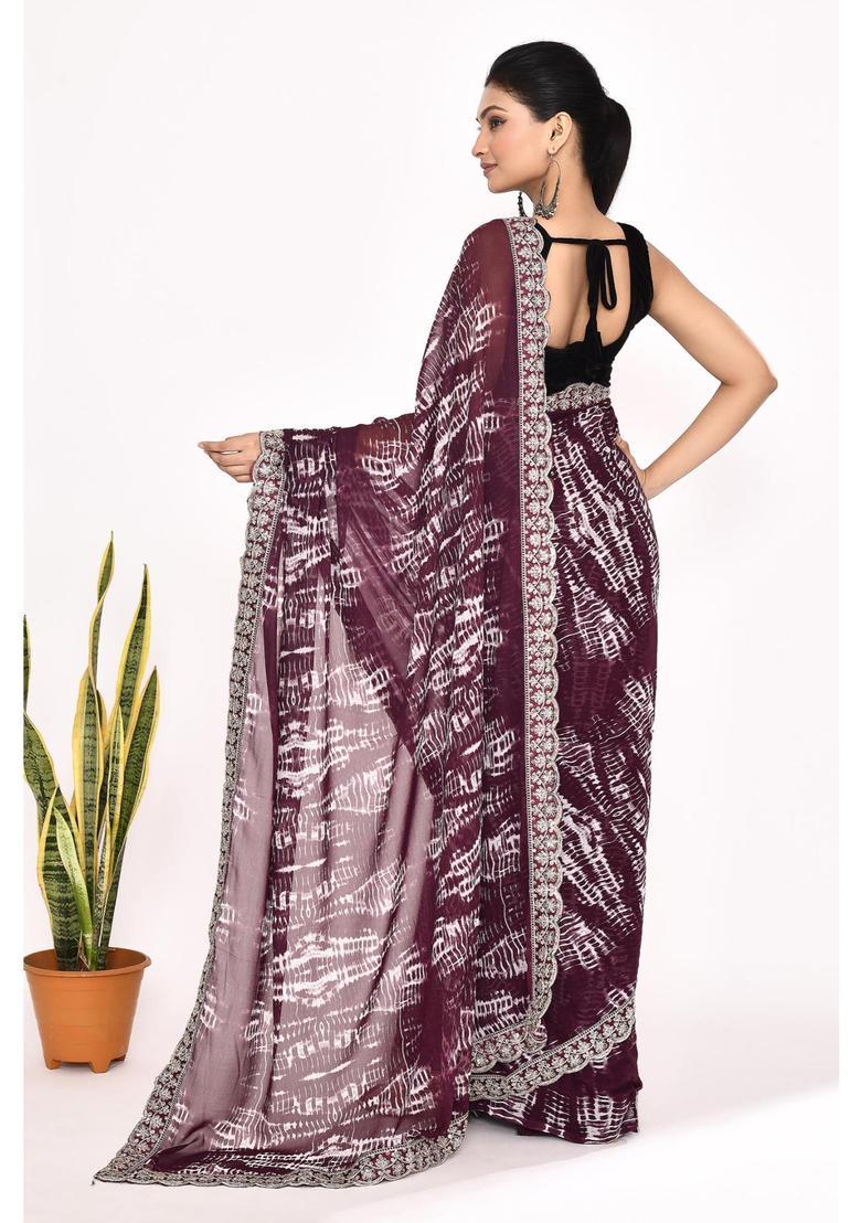 Purple Embroidered Georgette Saree Set - Indya