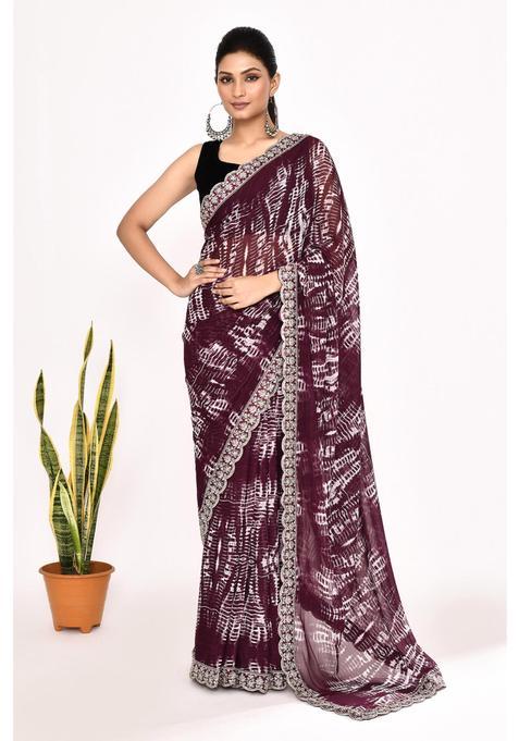 Purple Embroidered Georgette Saree Set