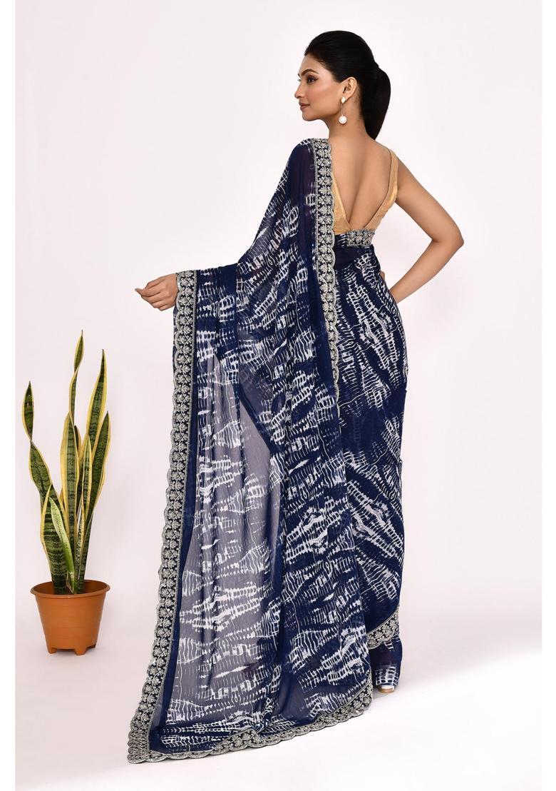 Blue Embroidered Georgette Saree Set - Indya