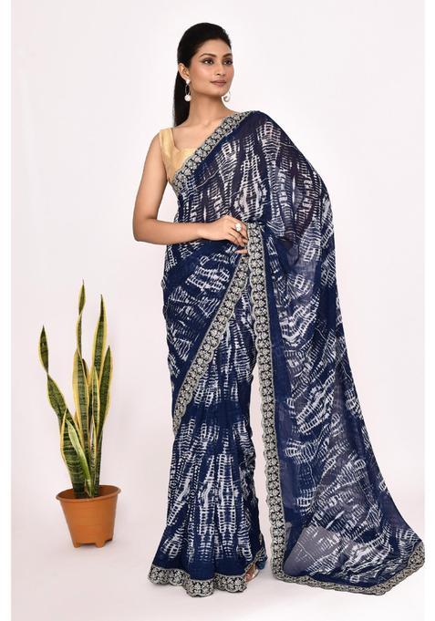 Blue Embroidered Georgette Saree Set