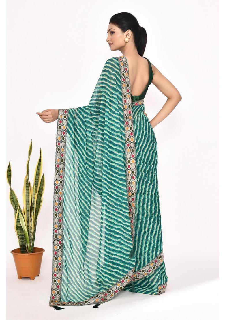 Green Embroidered Georgette Saree Set - Indya