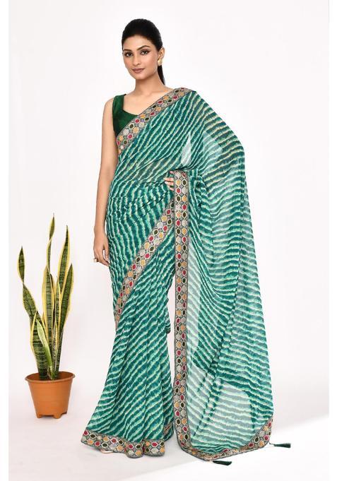 Green Embroidered Georgette Saree Set