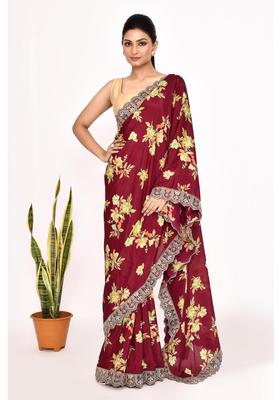 Maroon Floral Print Chinon Saree Set